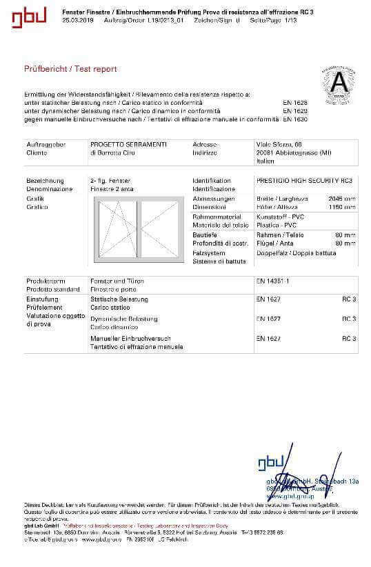 certificazione serramenti pvc classe RC3 Segrate linea prestigio